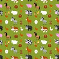 Farm Animal Collection on Green Background Seamless Pattern Royalty Free Stock Photo