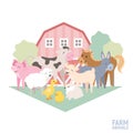 Cute farm animal kid set cow, pig, lamb, donkey, bunny, chick, horse, goat, duck isolated. Domestic animals composition