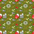 Cute Farm Animal and Red Barn with Silo, Windmill, Dairy Cow, Rooster, Hay, Straw and Dog and Cat Seamless Pattern Royalty Free Stock Photo