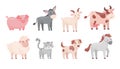 Cute farm animals in cartoon style. Collection of funny farm animals: cow, sheep, goat, donkey, horse, pig, cat, dog Royalty Free Stock Photo