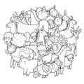 Cute farm animals circle shape coloring page. Doodle mandala