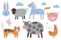 Cute farm animals collection, colored vector illustrations of cow, pig, sheep with textured effect. Colored doodle Royalty Free Stock Photo
