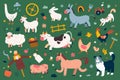 Cute farm animals collection, flat animal illustration, cow, sheep and rooster with face expressions, cartoon characters Royalty Free Stock Photo