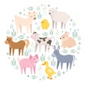 Cute farm animals cow, pig, lamb, donkey, bunny, chick, horse, goat, duck isolated. Domestic animals kid set in round Royalty Free Stock Photo