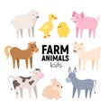Cute farm animals cow, pig, lamb, donkey, bunny, chick, horse, goat, duck isolated. Domestic animals kid set vector