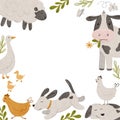 Cute farm animals frame cow, lamb, chick, dog, cow, sheep, chicken and goose. Domestic animals kid set in square wreath Royalty Free Stock Photo