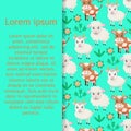 Cute farm animals, grass and flowers isolated background. Childrens seamless pattern. Vector simple cow, sheep, goat. Royalty Free Stock Photo