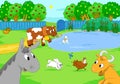 Cute farm animals at the lake. Cartoon illustration. Royalty Free Stock Photo