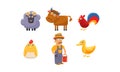 Cute farm animals and male farmer, ram, sheep, horse, rooster, chicken, duckling vector Illustration