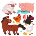 Cute farm animals and pets set, isolated domestic funny characters from village farmyard Royalty Free Stock Photo