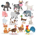 Cute farm animals set. Collection of cartoon vector drawings in flat style. Donkey, goat, horse, sheep, pig, cow, turkey, duck, ro