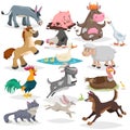 Cute farm animals set. Collection of cartoon vector drawings in flat style. Donkey, goat, horse, sheep, pig, cow, turkey, duck, ro Royalty Free Stock Photo