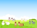 Cute farm animals on summer landscape background. Royalty Free Stock Photo