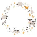 Cute farm animals wreath cow, lamb, chick, dog, cow, sheep, chicken and goose. Domestic animals kid set in round frame Royalty Free Stock Photo