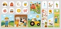 Cute farm cards set with farmer, barn, animals and birds. Vector country village square, round, vertical print templates.