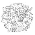 Cute farm characters circle shape coloring page. Doodle mandala with animals and farmers for coloring book