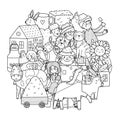 Cute farm characters circle shape coloring page. Doodle mandala with animals and farmers Royalty Free Stock Photo