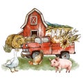 Cute farm house with fall red truck, Rustic vintage animals illustration. Goose, chicken, pig, haystack