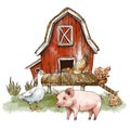 Cute farm house Rustic vintage animals illustration. Goose, chicken, pig, haystack