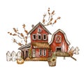 Cute farm house, Rustic vintage illustration on white