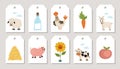 Cute farm price tag cards set with tractor, barn, farmer, cow. Vector country village print templates with        cow, milk, hen, Royalty Free Stock Photo