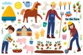 Cute farm set with animals and kids farmers. Agriculture collection