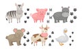 Cute Farm and Wild Animals and Their Paw Fingerprints Collection, Zebra, Pig, Hippo, Koala, Cow, Goose Vector