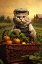 A cute farmer cat is standing in the field of garden, with a wicker basket with vegetables