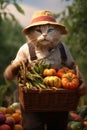 A cute farmer cat is standing in the garden, holding a wicker basket with vegetables