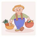 Cute farmer character. Grandfather with two baskets of crops. Harvesting vegetables. Color vector flat illustration