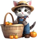 Cute Farmer kitten character design. Ai-Generated.