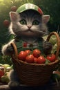 A cute farmer kitten is standing in the garden, holding a wicker basket with tomatoes