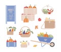 Cute farmer market vector illustrations set. Baskets, boxes with harvest, fruits, vegetables for selling. Create your Royalty Free Stock Photo