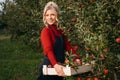 Cute farmer woman with freshly harvested apples in wooden box. Agriculture and gardening