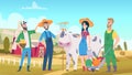 Cute farmers. Agricultural worker, farm landscape. Farmer characters, harvest time vector illustration