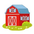 Cute farmhouse red house in cartoon style. Vector illustration with stable and barn Royalty Free Stock Photo