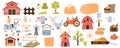 Cute farming mega set in cartoon graphic design. Bundle elements of livestock, poultry, gardening crop, trees, mill, tractor, barn Royalty Free Stock Photo