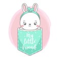 Cute fashion bunny sit in pocket. Baby rabbit, hare looking out and typography my little friend. Vector illustration for fashion