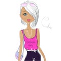 Cute fashion cartoon girl in sketch style. Fashion vector girl.