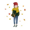 Cute fashion cartoon girl wearing trendy autumn outfit