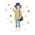 Cute fashion cartoon girl wearing trendy autumn outfit