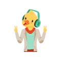 Cute fashion duck chick guy character listening music with headphones, hipster bird flat vector illustration