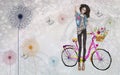 Cute fashion girl on the pink bicycle with flowers,3d wallpaper textere