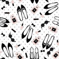 Cute fashion illustration with black shoes, pink lipstick, nail polish, perfume, sunglasses on polka dots background.