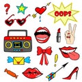 Cute fashion patch badges with lips, hand,tape recorder, shoes, glasses, heart and other elements. Trendy, modern design