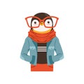 Cute fashion penguin guy character, hipster animal flat vector illustration