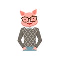 Cute fashion pig guy character, hipster animal flat vector illustration