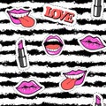 Cute fashion seamless pattern with patch badges. Mouth, lips, smile, lipstick, language.