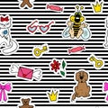 Cute fashion seamless pattern with patch badges. Mouth, lips, smile, lipstick, language.