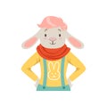 Cute fashion sheep guy character, hipster animal flat vector illustration